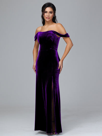 Off Shoulder Plus Size Velvet Bridesmaid Dress With Slit