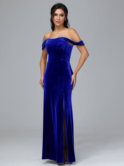 Off Shoulder Plus Size Velvet Bridesmaid Dress With Slit