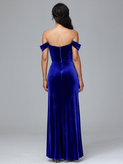 Off Shoulder Plus Size Velvet Bridesmaid Dress With Slit