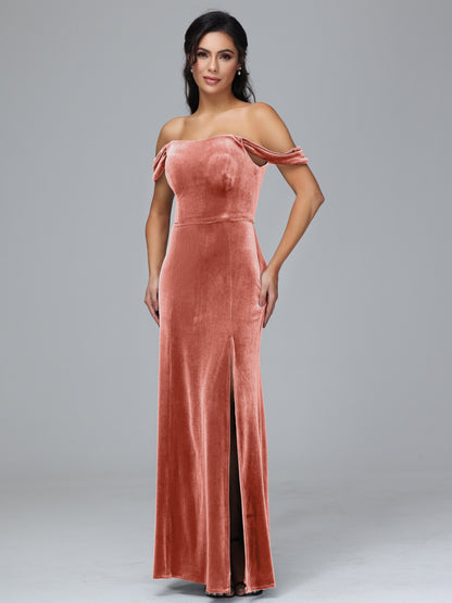 Off Shoulder Plus Size Velvet Bridesmaid Dress With Slit