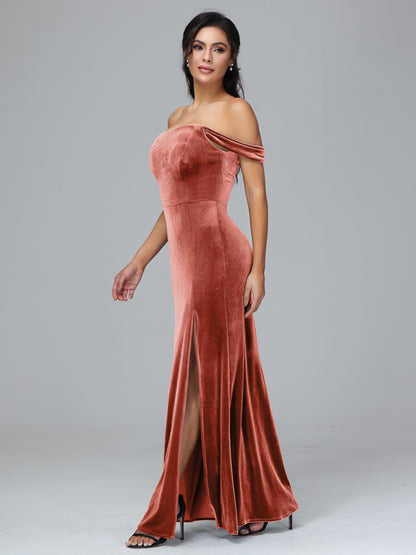 Off Shoulder Plus Size Velvet Bridesmaid Dress With Slit