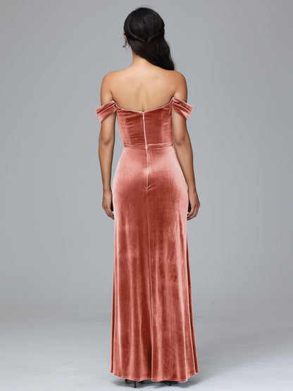 Off Shoulder Plus Size Velvet Bridesmaid Dress With Slit