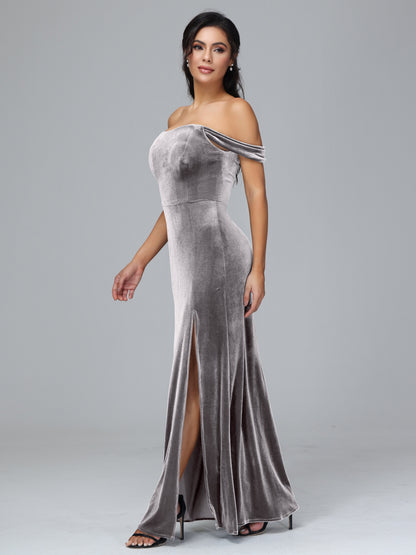 Off Shoulder Plus Size Velvet Bridesmaid Dress With Slit