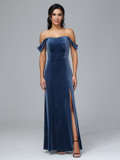 Off Shoulder Plus Size Velvet Bridesmaid Dress With Slit