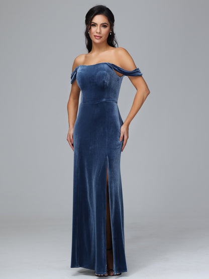 Off Shoulder Plus Size Velvet Bridesmaid Dress With Slit