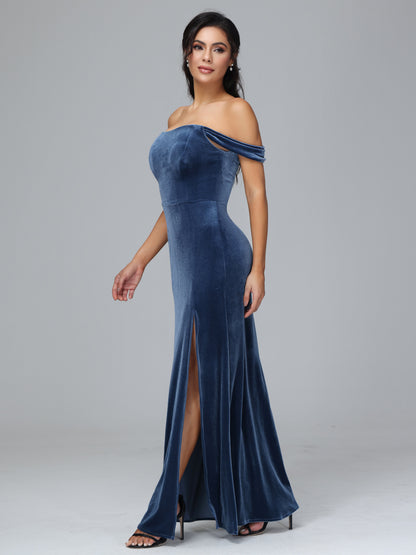 Off Shoulder Plus Size Velvet Bridesmaid Dress With Slit