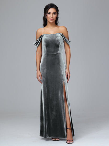 Off Shoulder Plus Size Velvet Bridesmaid Dress With Slit