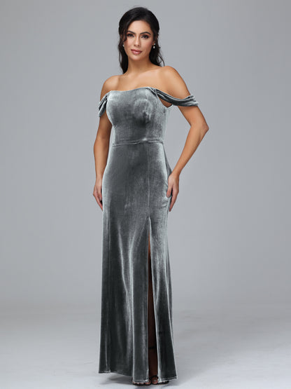 Off Shoulder Plus Size Velvet Bridesmaid Dress With Slit