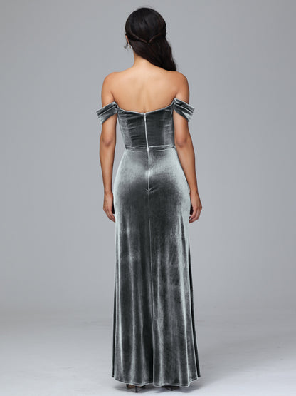 Off Shoulder Plus Size Velvet Bridesmaid Dress With Slit