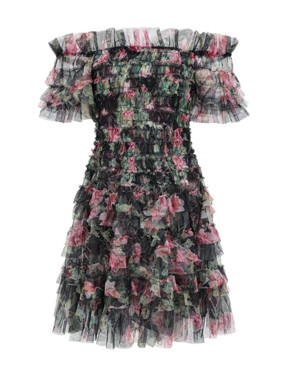 Black Off the Shoulder Floral Tulle Short Knee Length Bridesmaid Dresses