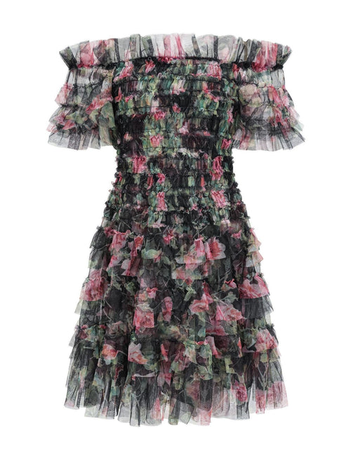 Black Off the Shoulder Floral Tulle Short Knee Length Bridesmaid Dresses