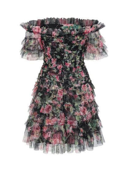 Black Off the Shoulder Floral Tulle Short Knee Length Bridesmaid Dresses