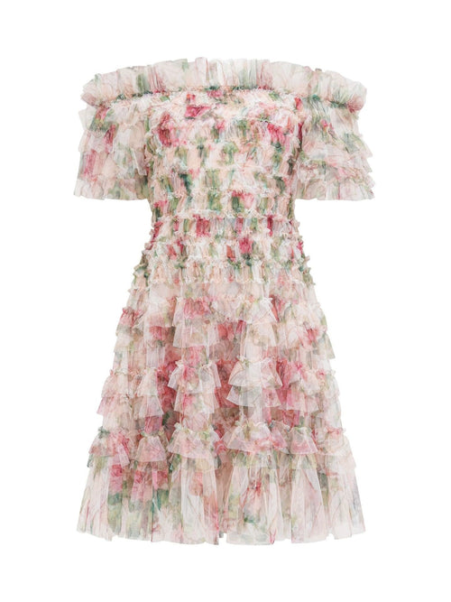 Off the Shoulder Floral Tulle Short Knee Length Bridesmaid Dresses