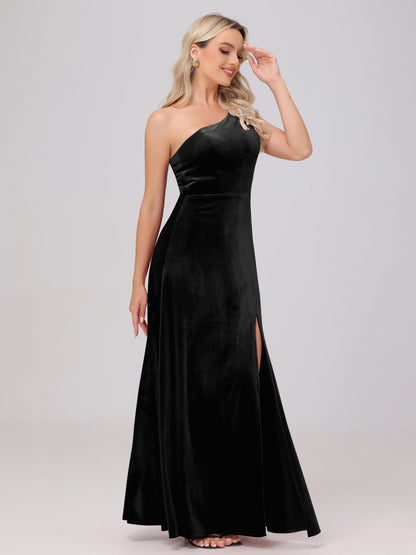 One Shoulder Velvet Bridesmaid Dresses with Slit