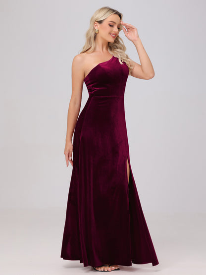 One Shoulder Velvet Bridesmaid Dresses with Slit