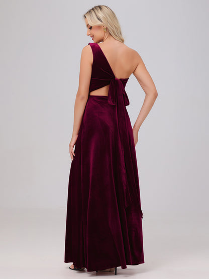 One Shoulder Velvet Bridesmaid Dresses with Slit