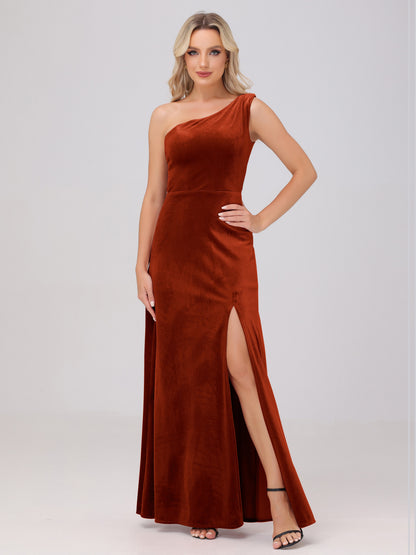 One Shoulder Velvet Bridesmaid Dresses with Slit