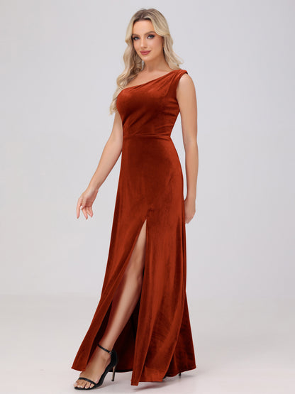 One Shoulder Velvet Bridesmaid Dresses with Slit