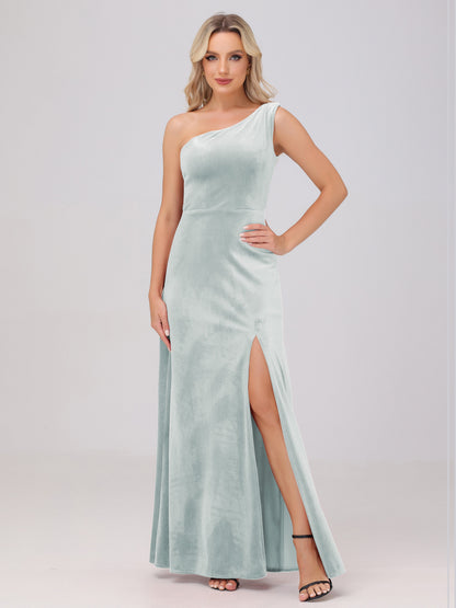 One Shoulder Velvet Bridesmaid Dresses with Slit
