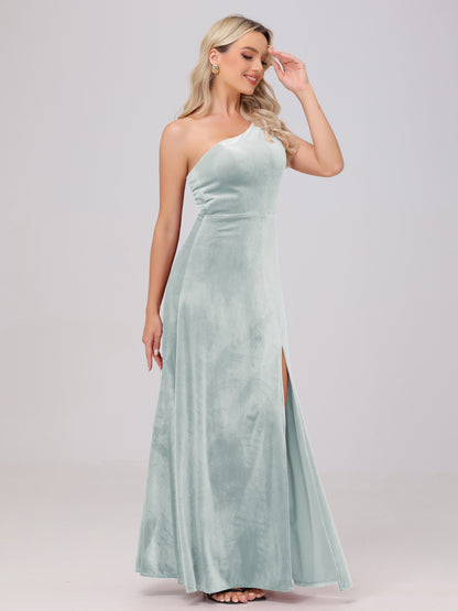 One Shoulder Velvet Bridesmaid Dresses with Slit