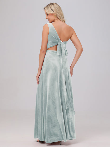 One Shoulder Velvet Bridesmaid Dresses with Slit