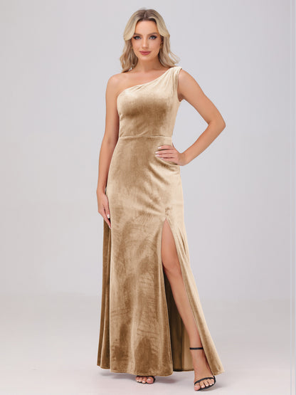 One Shoulder Velvet Bridesmaid Dresses with Slit