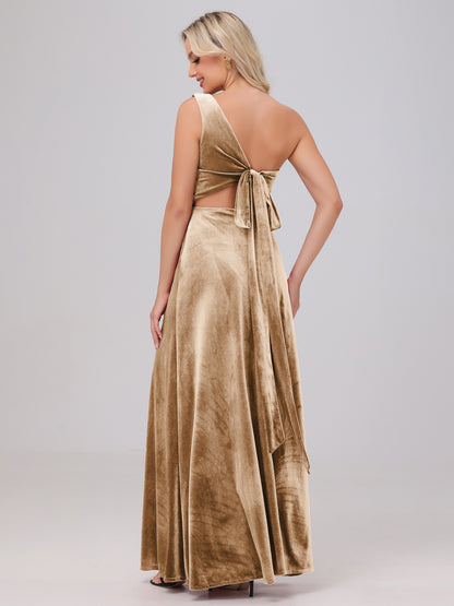 One Shoulder Velvet Bridesmaid Dresses with Slit