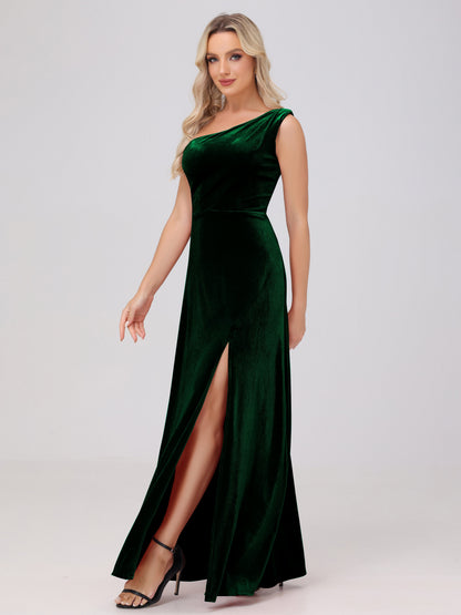 One Shoulder Velvet Bridesmaid Dresses with Slit