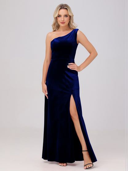 One Shoulder Velvet Bridesmaid Dresses with Slit
