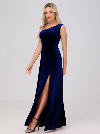 One Shoulder Velvet Bridesmaid Dresses with Slit