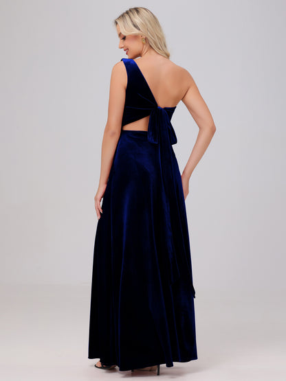 One Shoulder Velvet Bridesmaid Dresses with Slit
