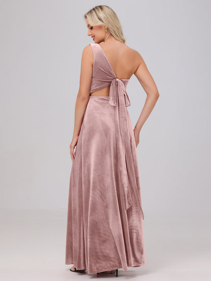 One Shoulder Velvet Bridesmaid Dresses with Slit