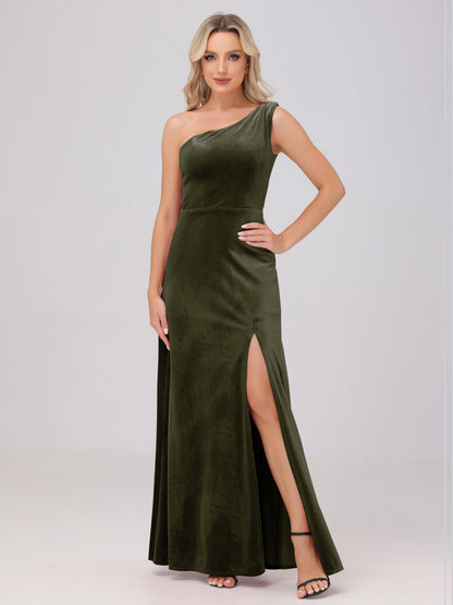 One Shoulder Velvet Bridesmaid Dresses with Slit