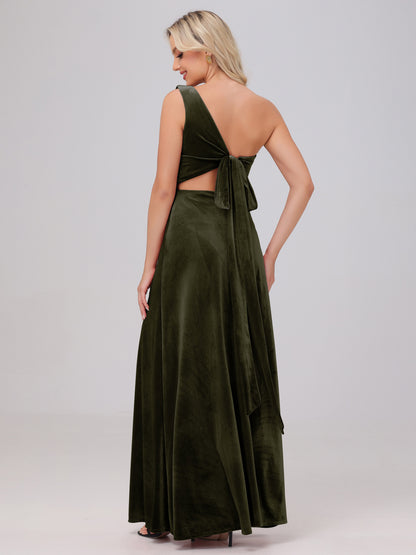 One Shoulder Velvet Bridesmaid Dresses with Slit