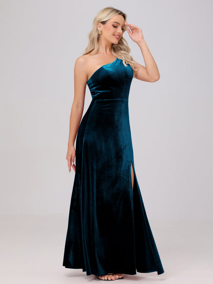 One Shoulder Velvet Bridesmaid Dresses with Slit