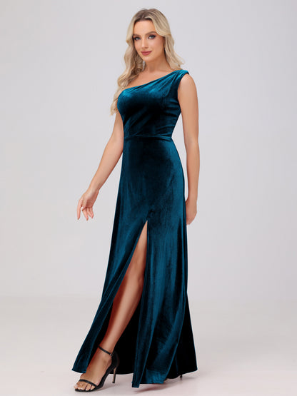 One Shoulder Velvet Bridesmaid Dresses with Slit