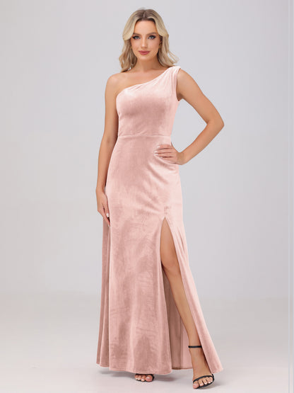 One Shoulder Velvet Bridesmaid Dresses with Slit