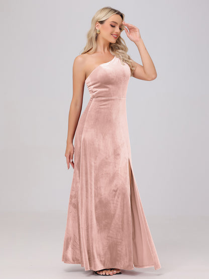 One Shoulder Velvet Bridesmaid Dresses with Slit
