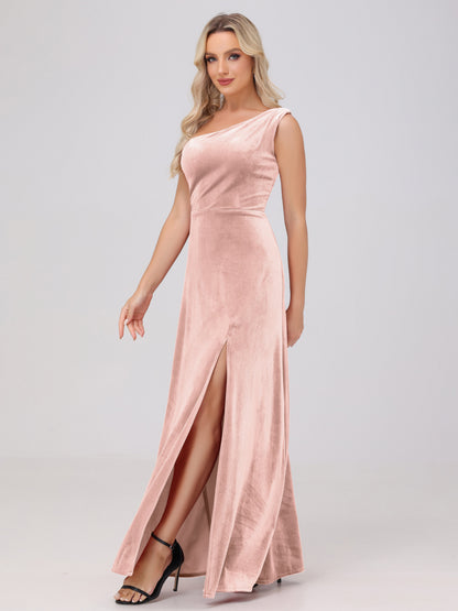 One Shoulder Velvet Bridesmaid Dresses with Slit