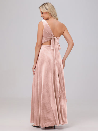 One Shoulder Velvet Bridesmaid Dresses with Slit