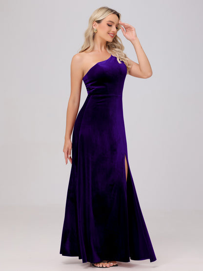 One Shoulder Velvet Bridesmaid Dresses with Slit