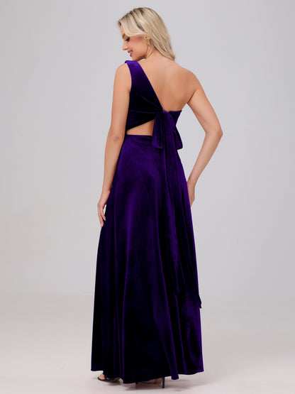 One Shoulder Velvet Bridesmaid Dresses with Slit