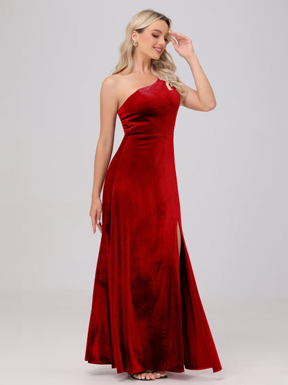 One Shoulder Velvet Bridesmaid Dresses with Slit