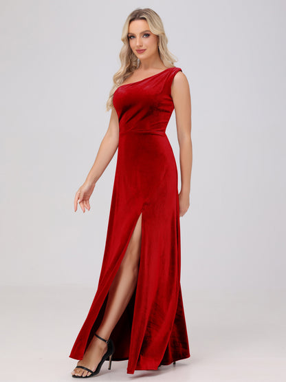 One Shoulder Velvet Bridesmaid Dresses with Slit