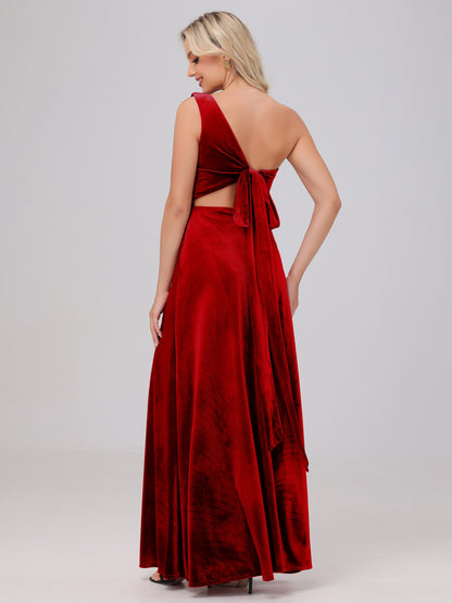 One Shoulder Velvet Bridesmaid Dresses with Slit