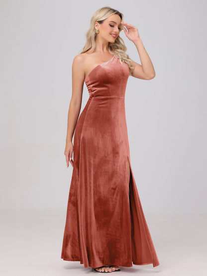 One Shoulder Velvet Bridesmaid Dresses with Slit