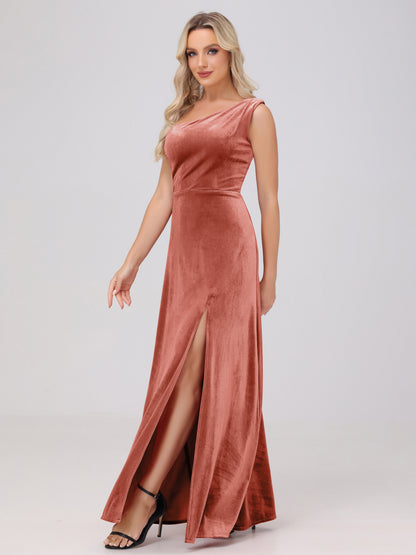 One Shoulder Velvet Bridesmaid Dresses with Slit