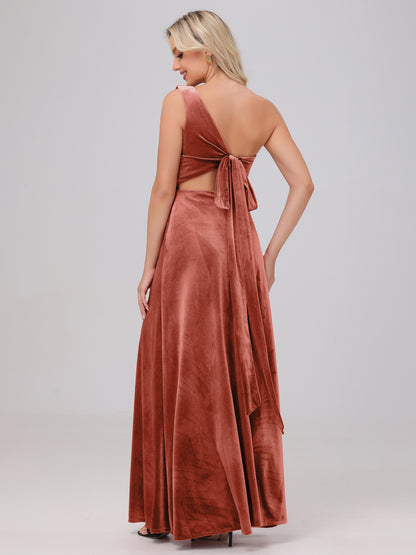 One Shoulder Velvet Bridesmaid Dresses with Slit