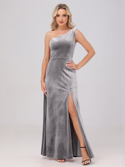 One Shoulder Velvet Bridesmaid Dresses with Slit