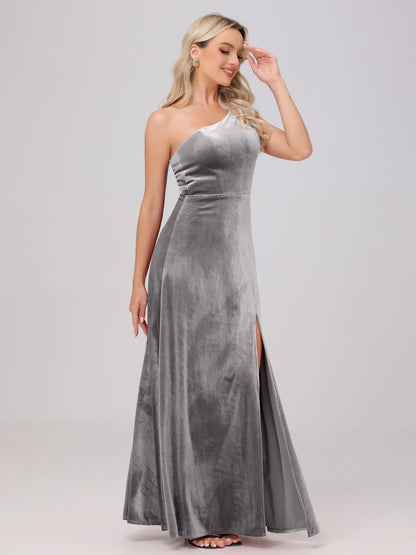 One Shoulder Velvet Bridesmaid Dresses with Slit